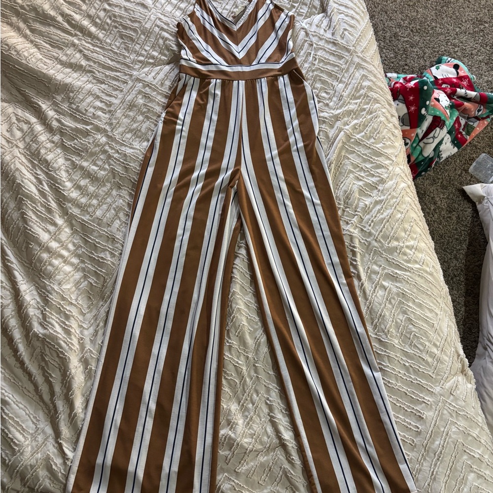 Altar'd State Brown and White Striped Jumpsuit